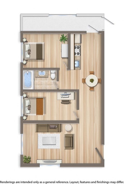 Floor plan for 2 beds, 1 bath, 1000 sqft